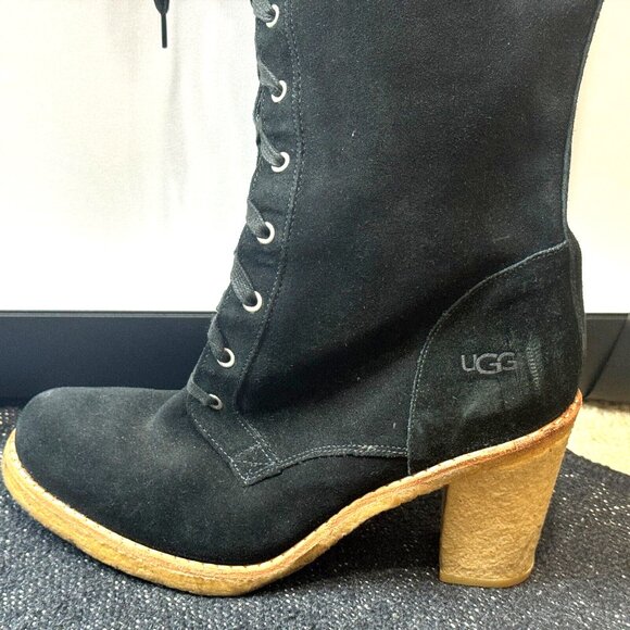 UGG Tall Suede Lace-Up Heeled Boot, Black US 9.5/EU 40.5/UK 8 - Picture 8 of 9
